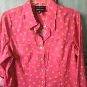 Long sleeve pink cotton blouse with orange polkadots,